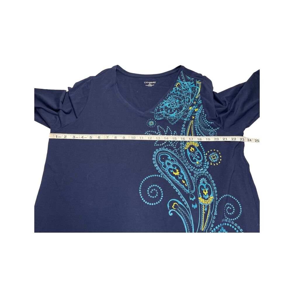 Catherines Tee Shirt Womens OX Blue Stretch Paisley Beaded V-Neck 3/4 Sleeve Top - Picture 4 of 8